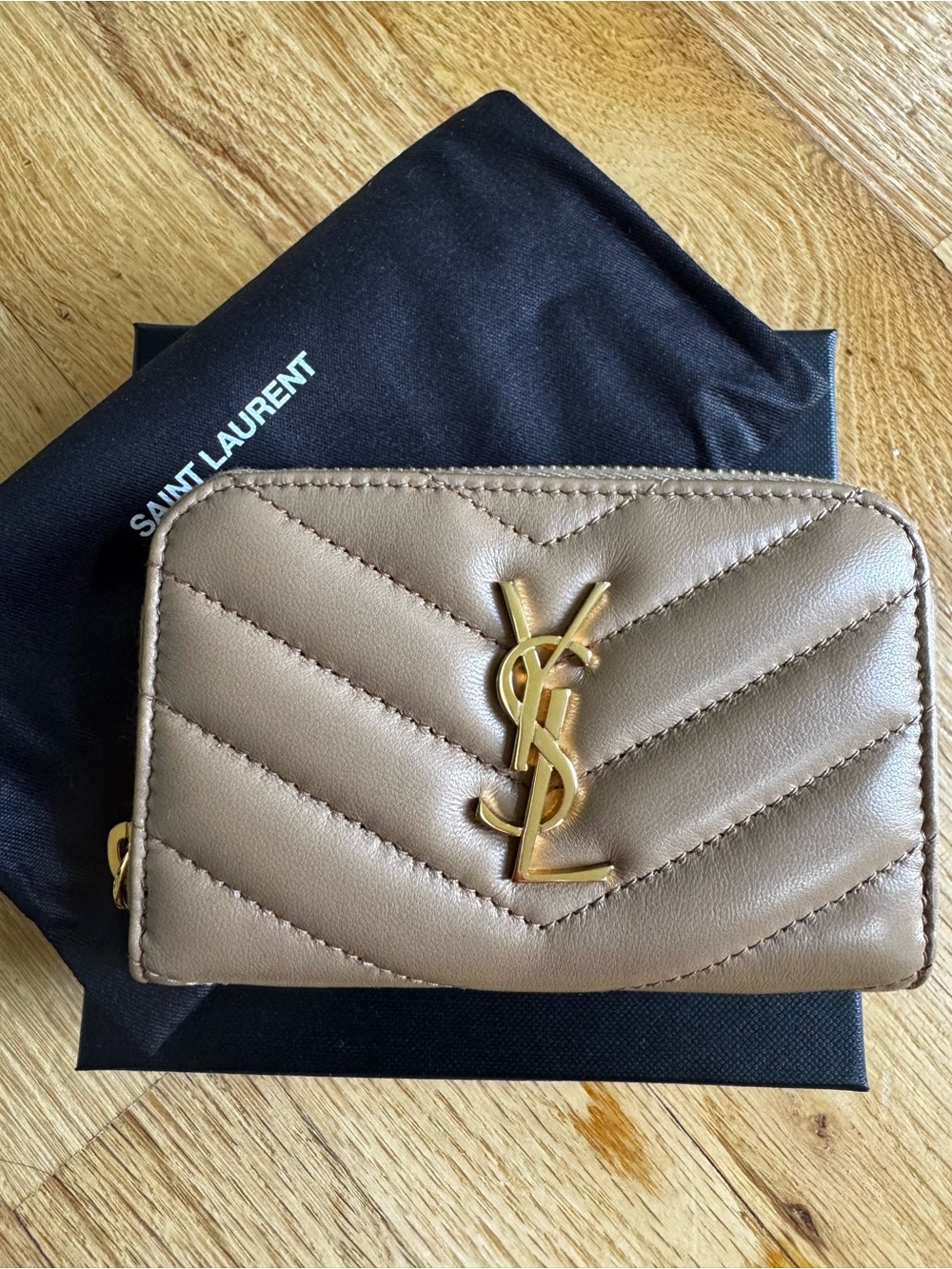 Saint Laurent Quilted Leather Zip Card Wallet in Taupe with Gold YSL